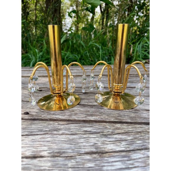 Vintage 1970s Small Brass Waterfall Crystal Candlestick Holders - Picture 1 of 11